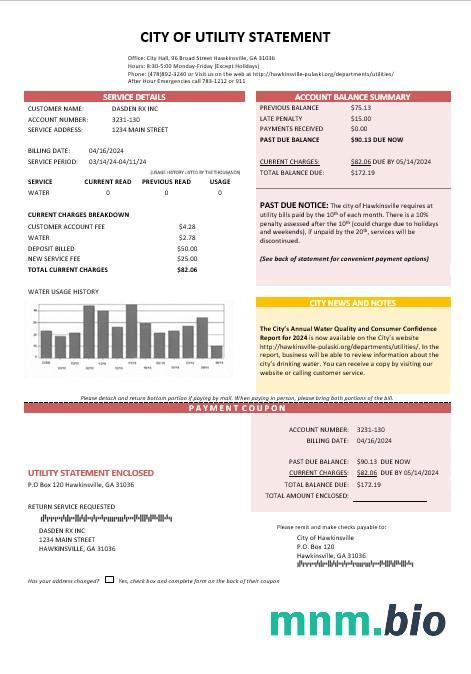 USA City Of Utility Statement water rachunek za usługi komunalne szablon w formatach Word i PDF